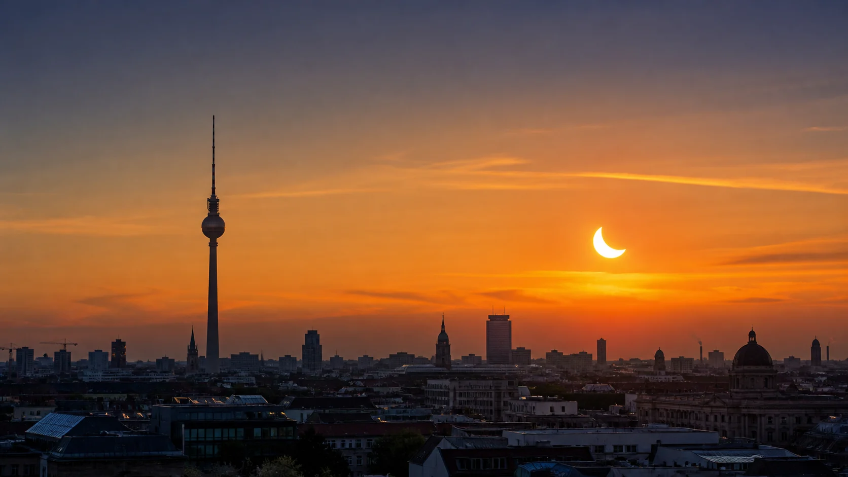 Illustration einer partiellen Sonnenfinsternis über der Berliner Skyline bei Sonnenuntergang